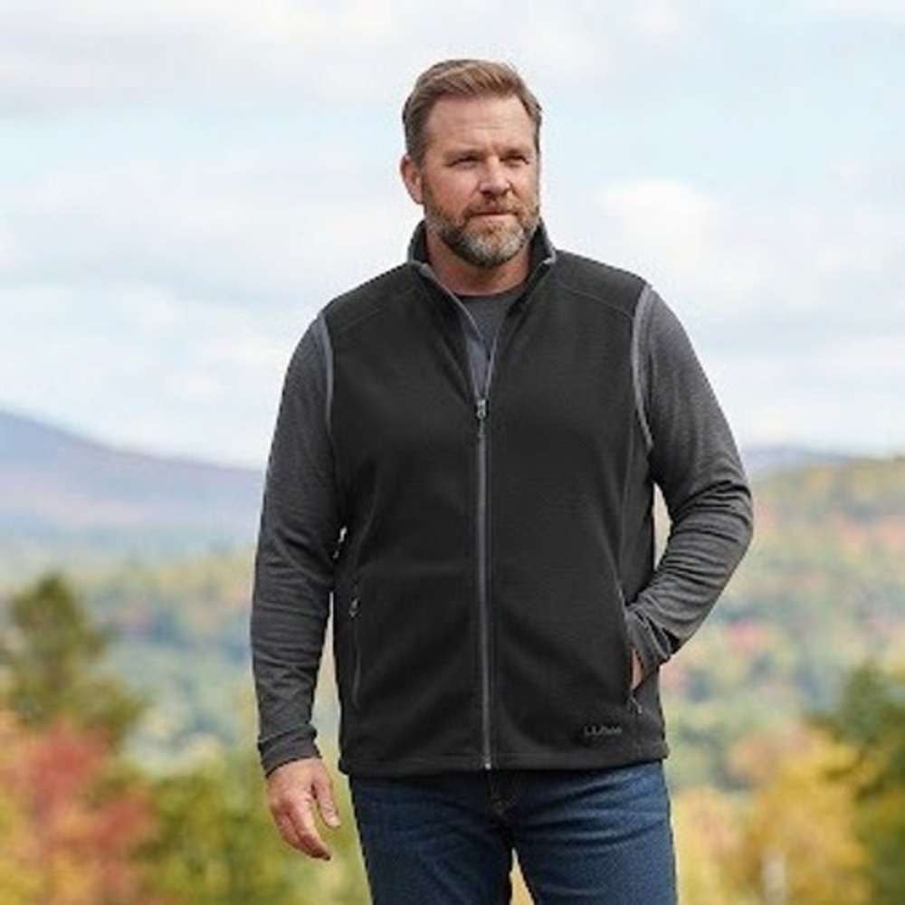 LL Bean Mens 2X Fleece Vest Black Gray Trim Full Zip Mock Neck Layering Classic